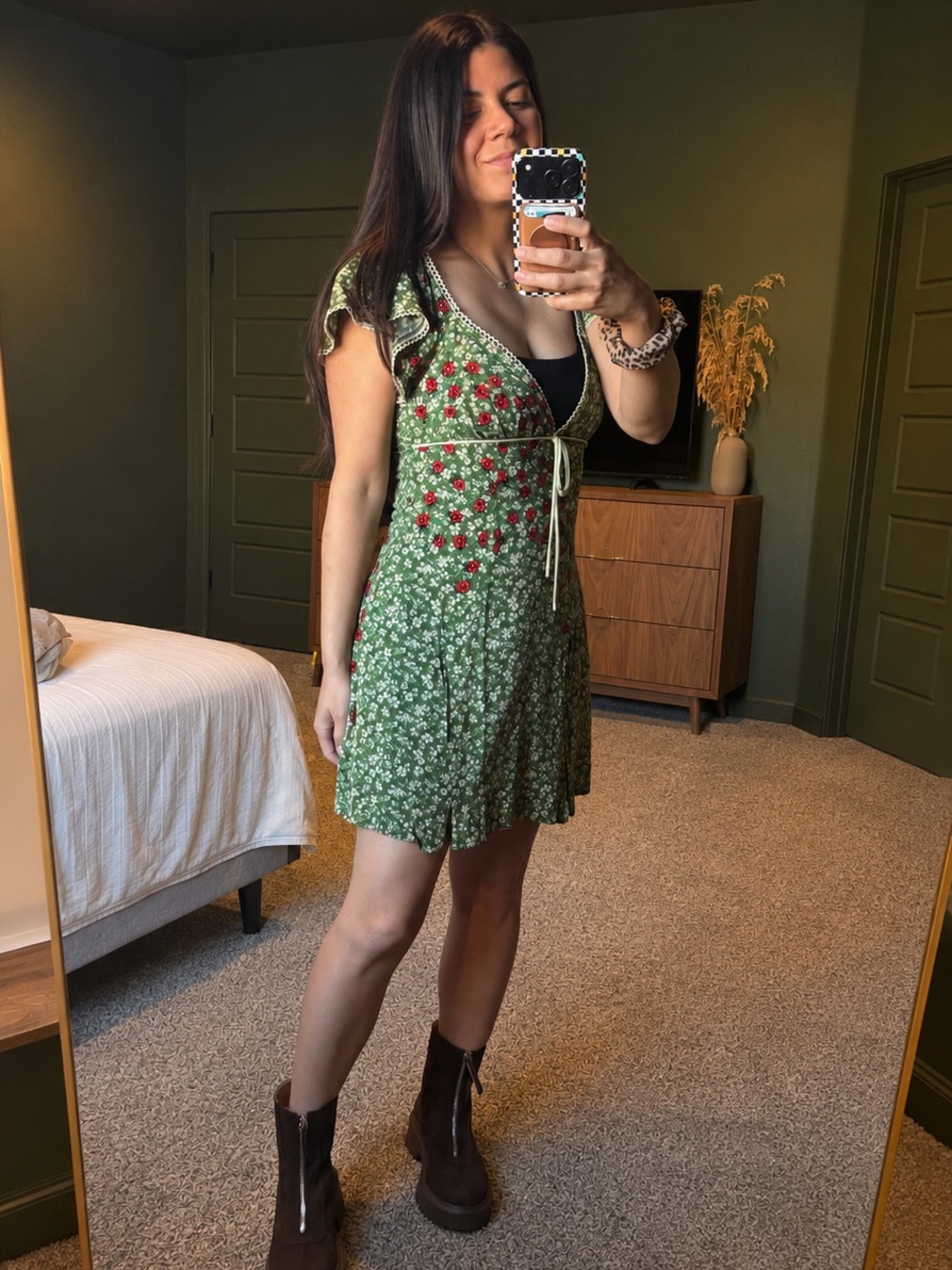 Free People Green Floral Tie-Waist V-Neck Dress with lady bugs - Picture 4 of 5
